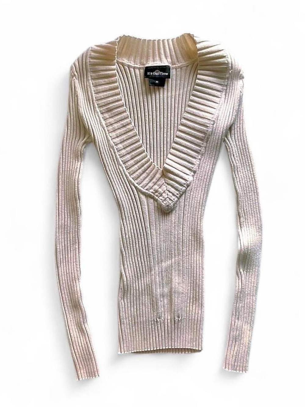 Y2K early 2000s Cream Ribbed V-Neck Slim fit Sweater in size medium